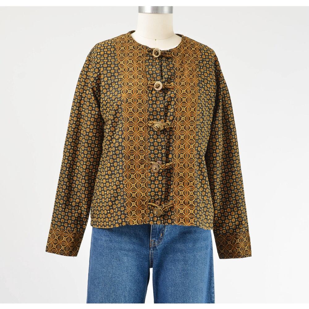Vintage 90s Boho Cotton Ethnic Boxy Shirt Jacket with Coin Buttons S M